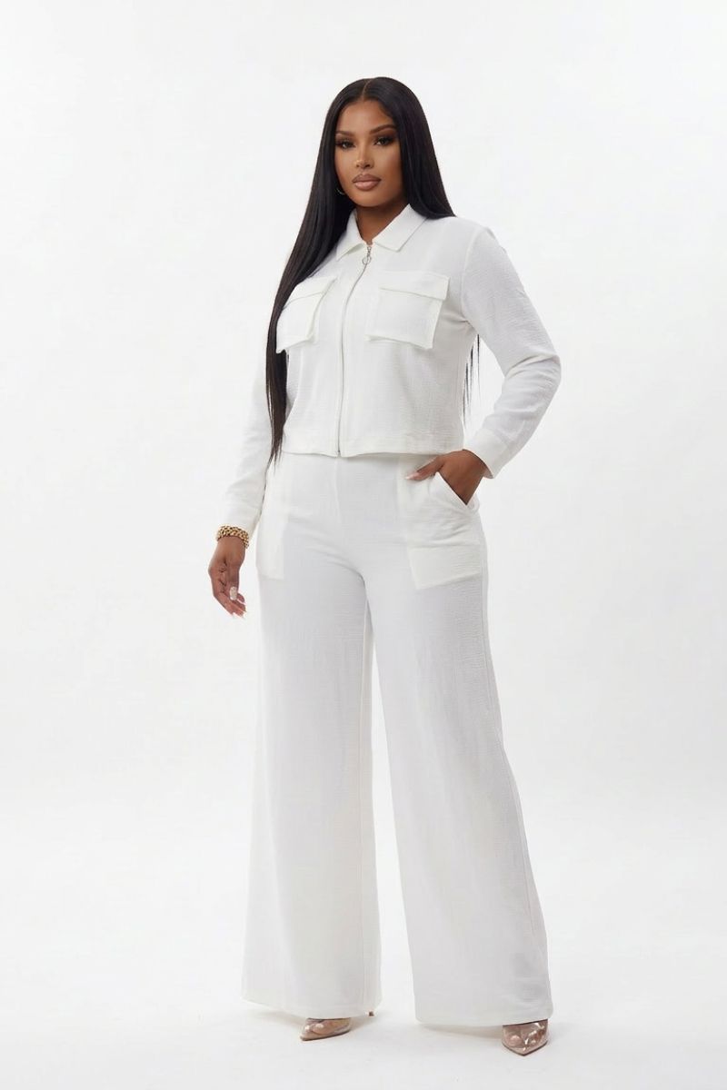 White Zip Crop &
Wide-Leg Pants Set