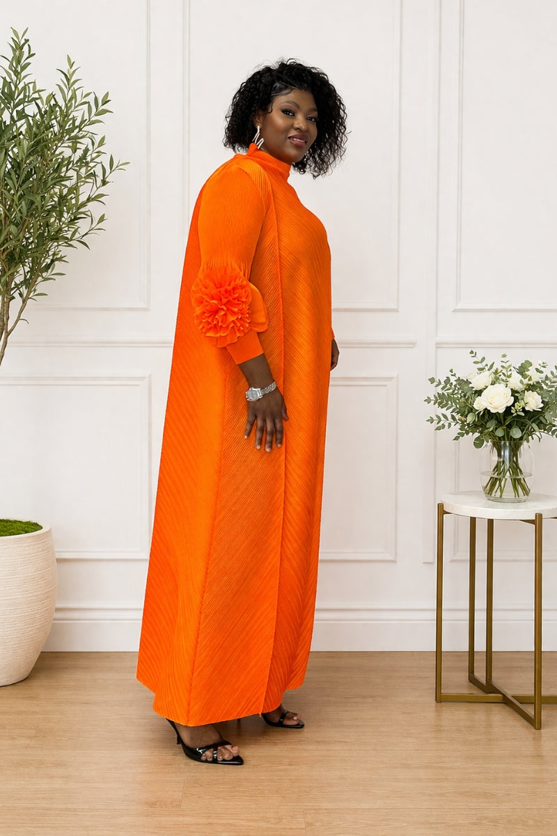 Orange Pleated Midi Dress