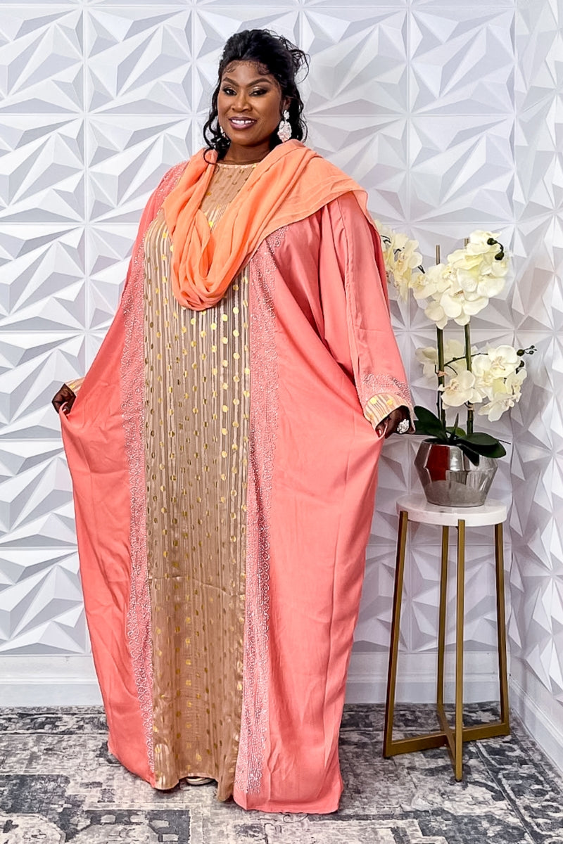 Coral Elegance: Gold-Embellished Abaya