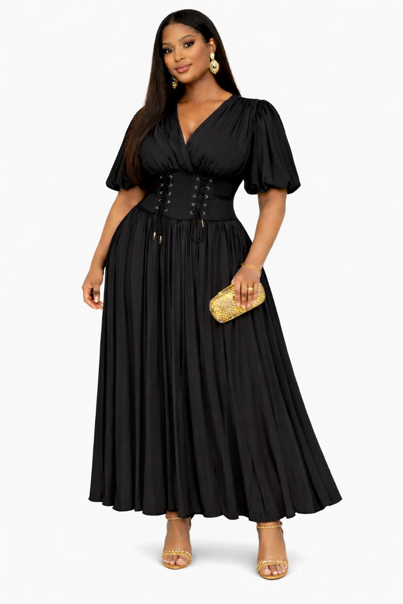 Midnight Majesty – Black Pleated Maxi Dress with Corset Waist