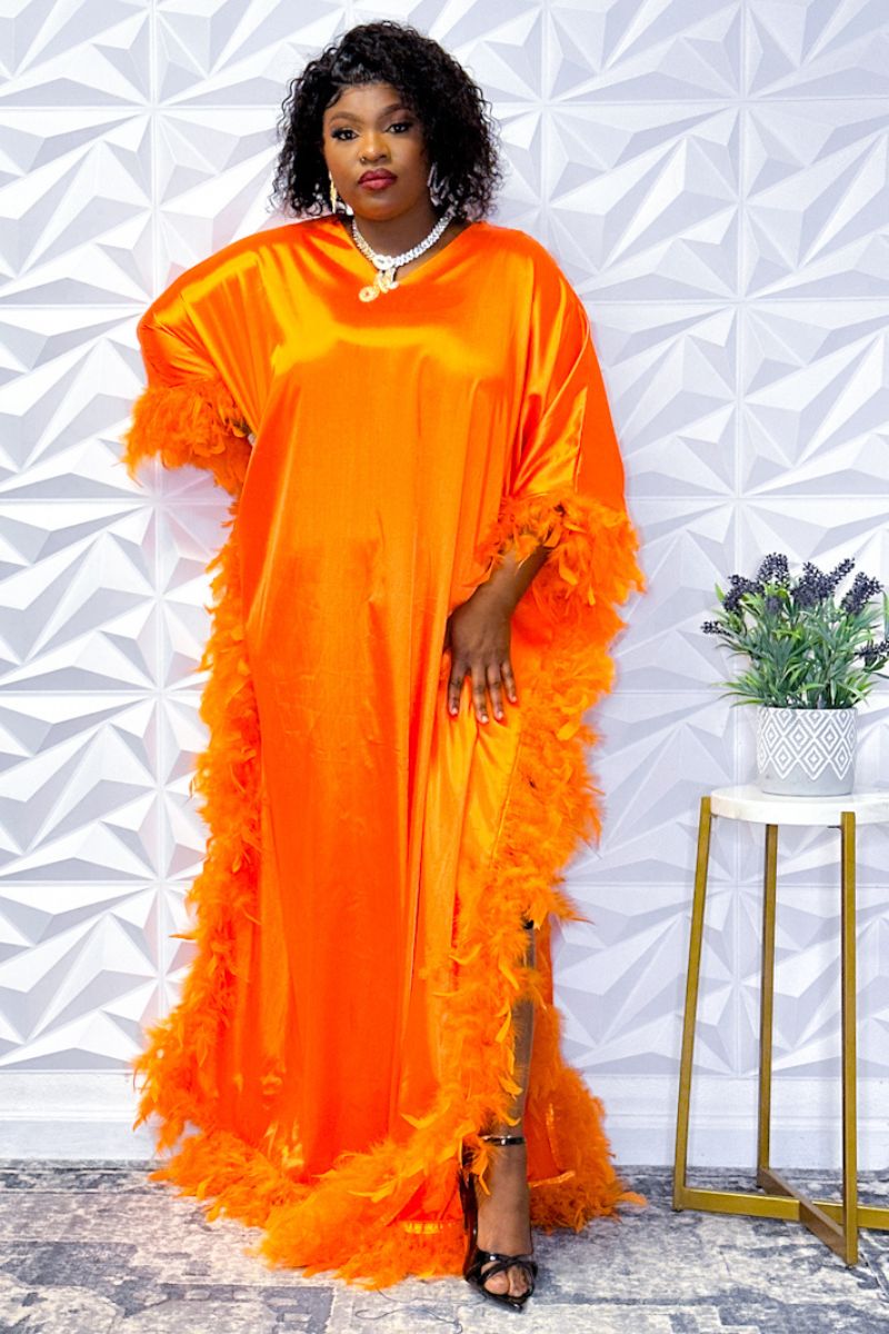 Luxurious Orange Silk Robe with Feather Trim