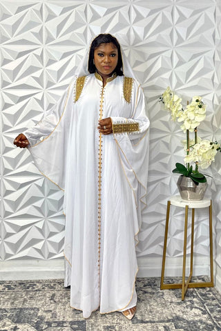 Gold-Embroidered White Abaya with Attached Hat - M / White