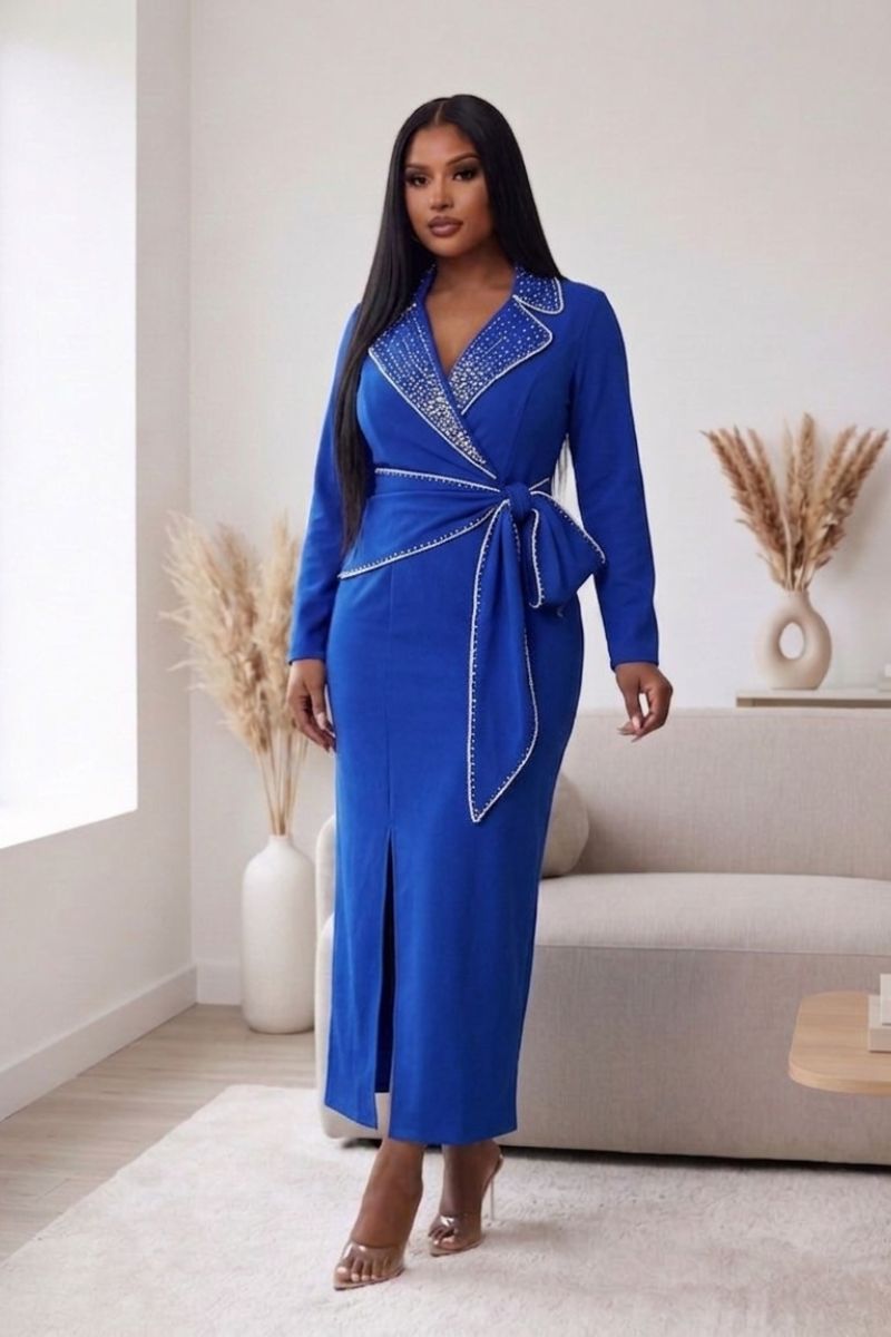 Royal Blue Rhinestone
Wrap Midi Dress