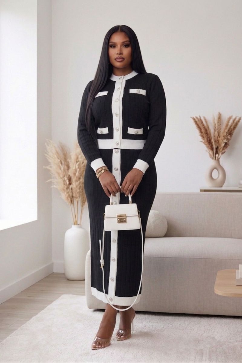 Opulent Shines Black & White Ribbed Knit Skirt Set – Elegant Two Piece Outfit for Women