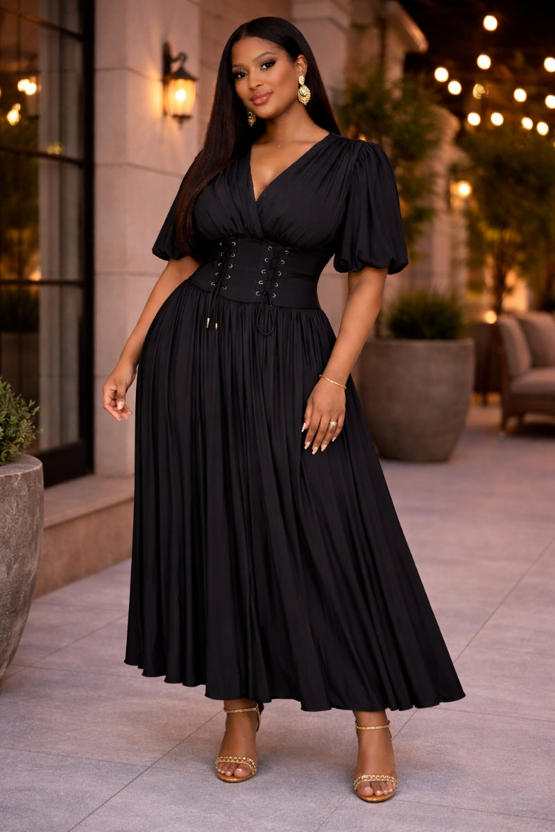 Midnight Majesty Dress – Black Corset Maxi