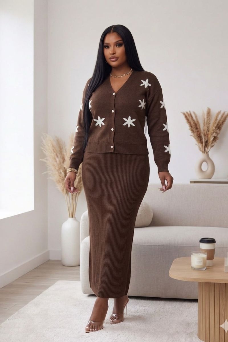 Mocha Blossom Knit Skirt Set