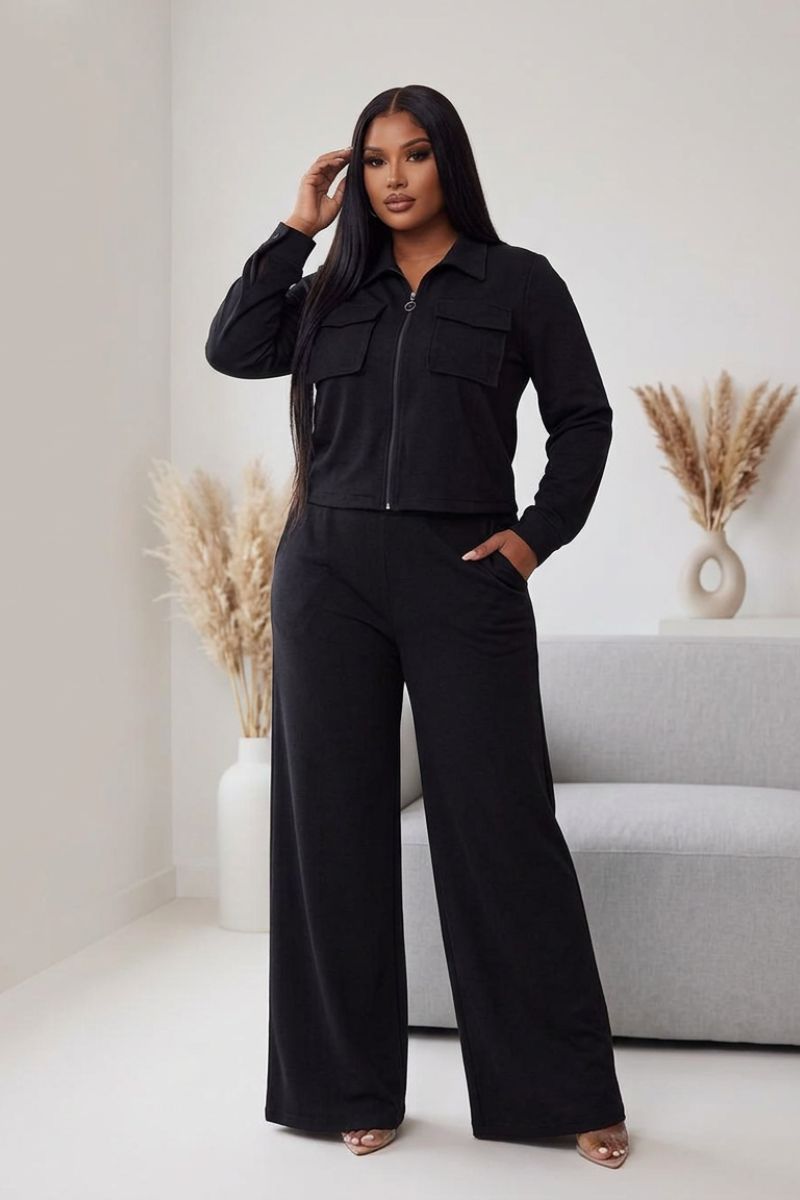 Sleek & Chic Black Zip-Up Wide-Leg Set