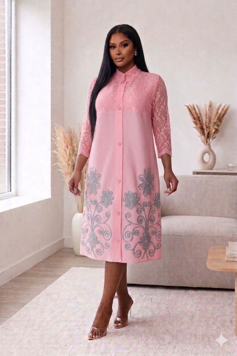 pleated dresses and embroidery Elegant Pink Lace Embroidered Pleated Midi Dress