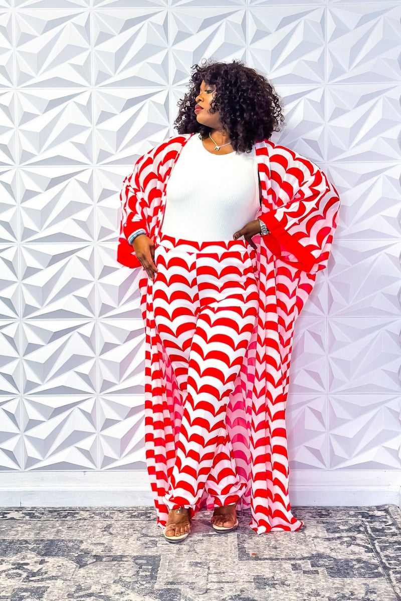 Breezy Red Wave Chiffon Set for Summer Leisure
