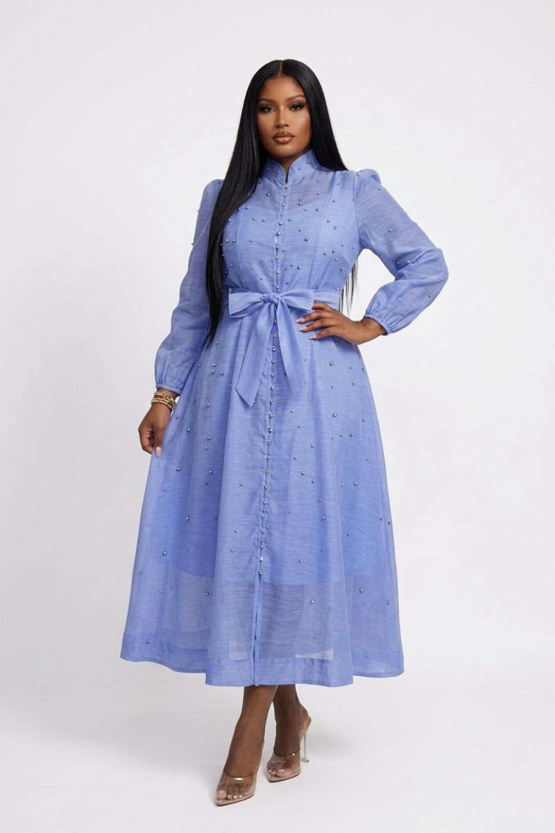 blue embellished midi dress Blue Sequin Embellished Midi Dress