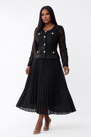 Black Pearl Button Tweed Pleated Midi Dress - S