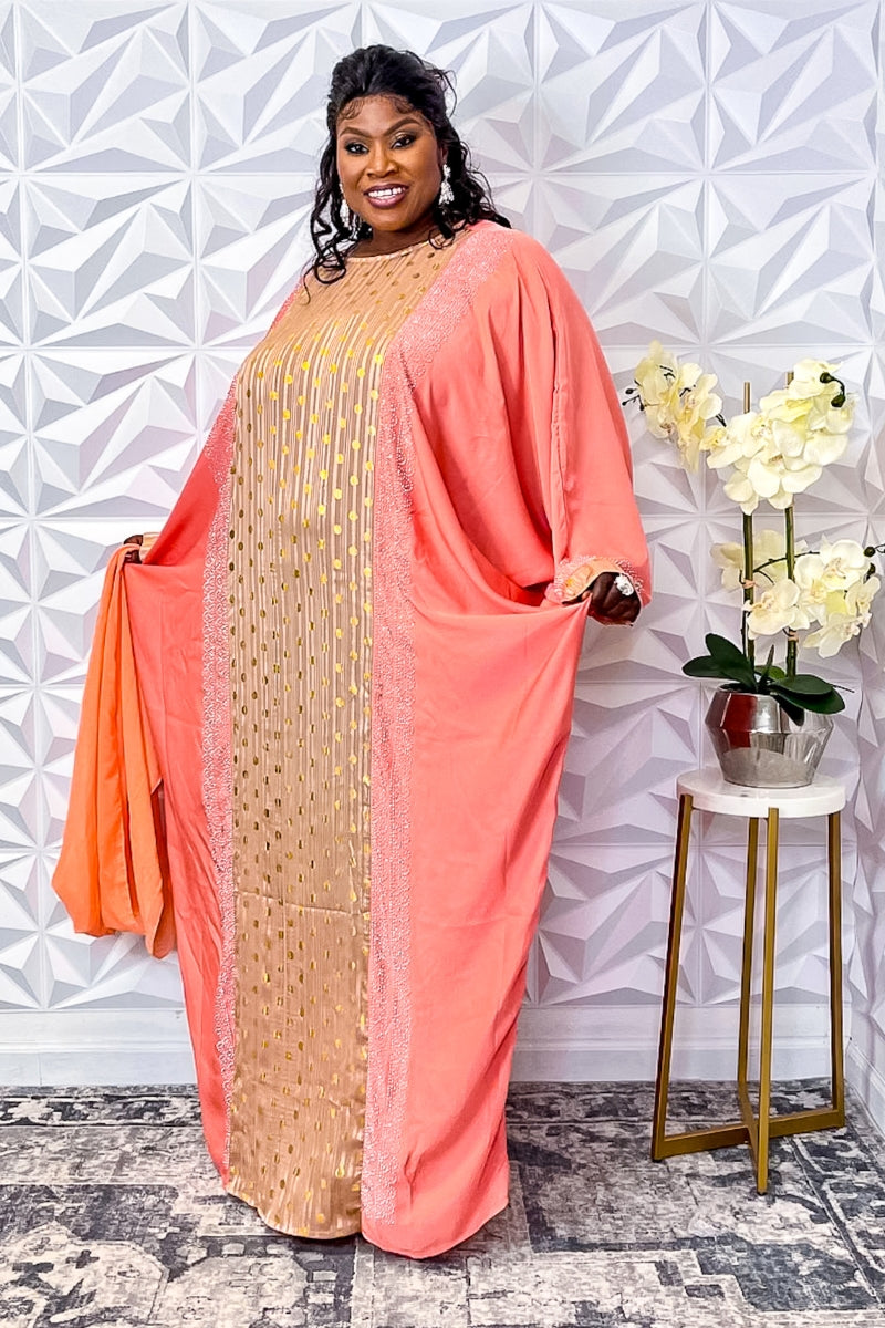 Coral Elegance: Gold-Embellished Abaya