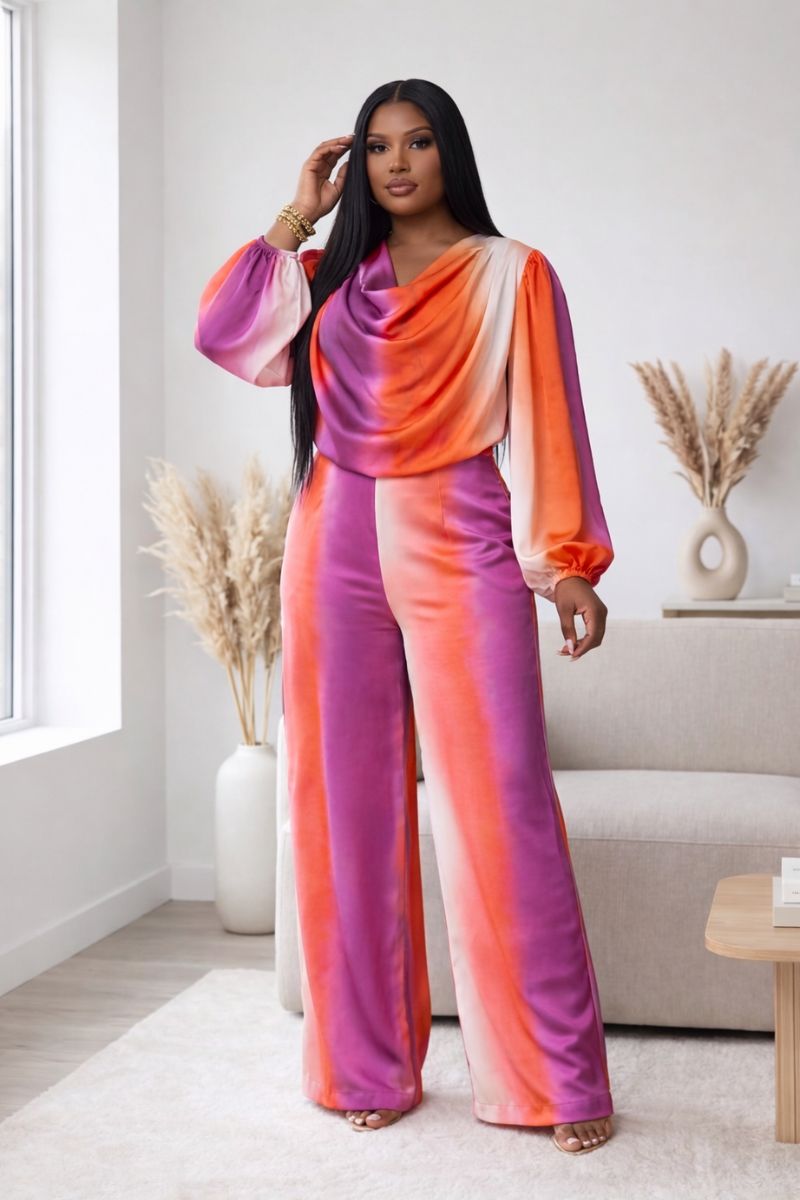 Sunset Glow Satin Cowl-Neck Wide-Leg Set