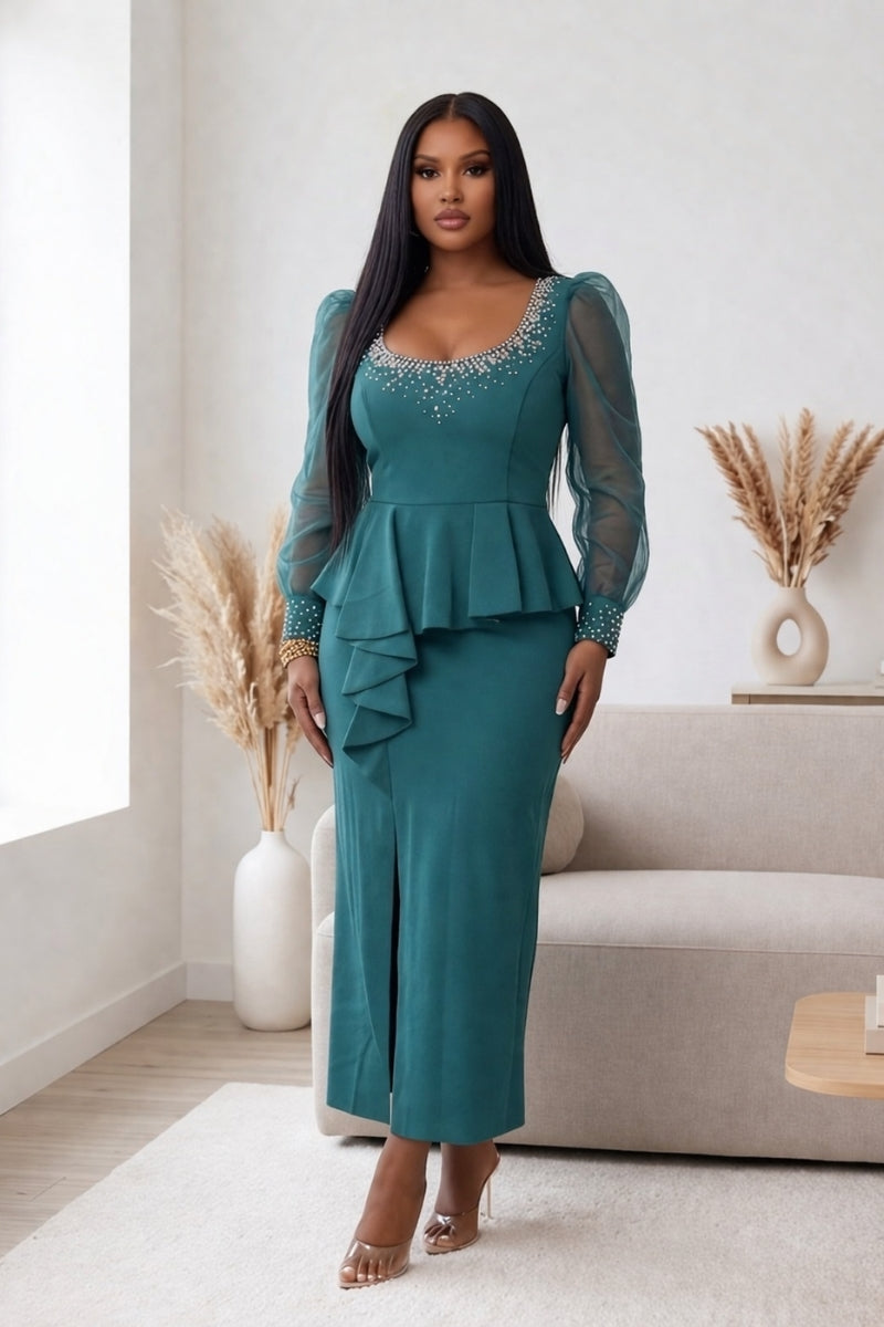Teal Rhinestone Peplum
Maxi Dress