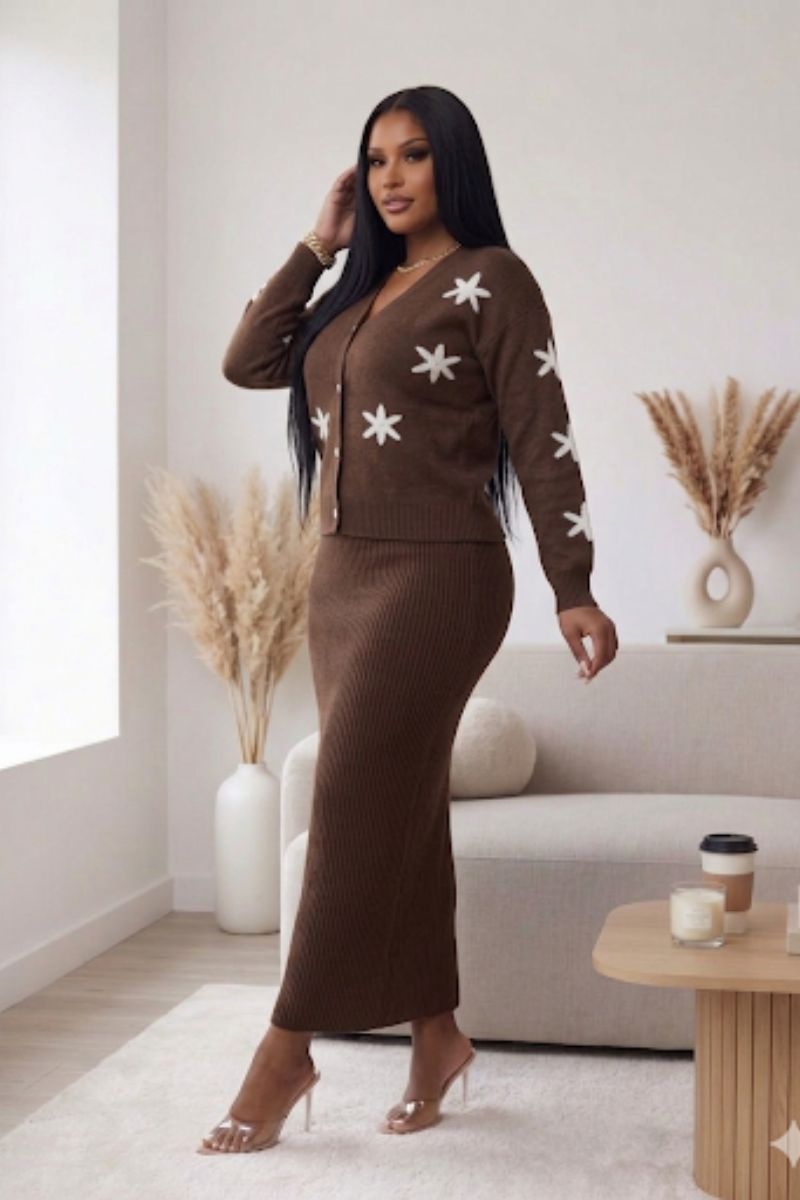Mocha Blossom Knit Skirt Set