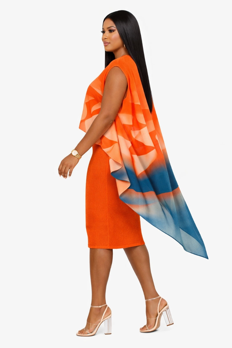 Vibrant Orange Gradient Stretch Dress Asymmetrical Cape Style