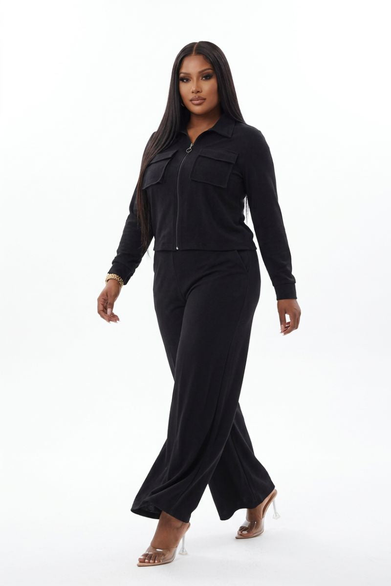 Sleek & Chic Black Zip-Up Wide-Leg Set