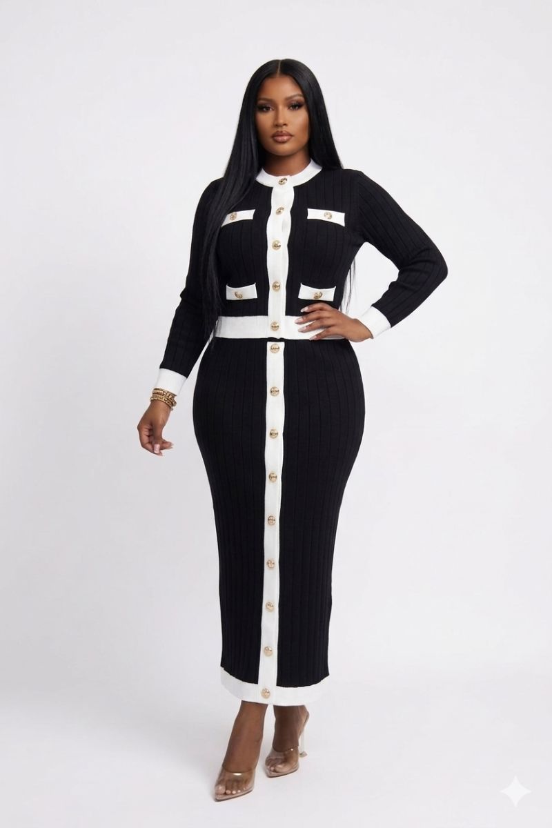 Opulent Shines Black & White Ribbed Knit Skirt Set – Elegant Two Piece Outfit for Women