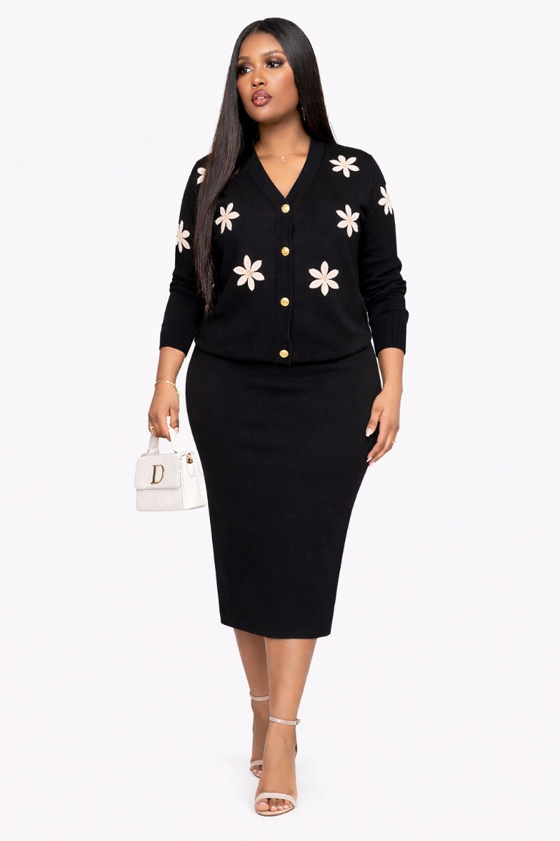 Opulent Shines Floral Knit Cardigan & Midi Skirt Set – Elegant Modest Two Piece Outfit