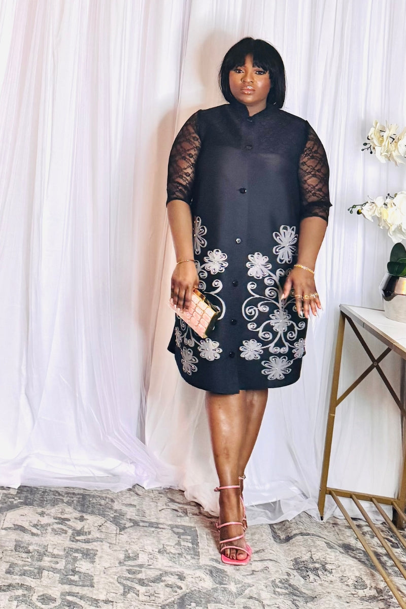 Black lace sleeve short dress with floral embroidery – front view
