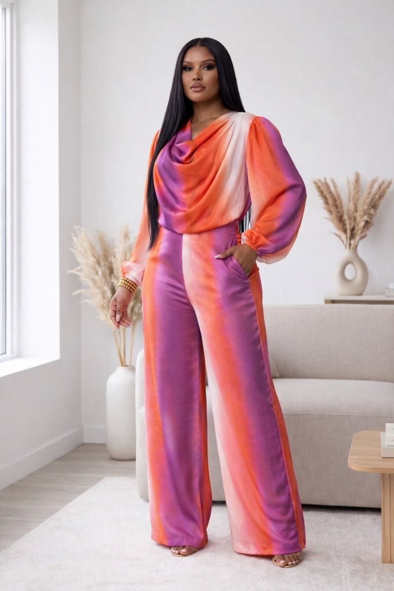 Sunset Glow Satin Cowl-Neck Wide-Leg Set