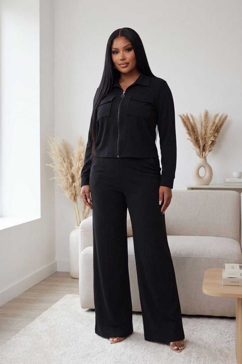 Sleek & Chic Black Zip-Up Wide-Leg Set