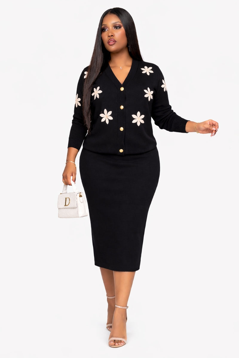 Opulent Shines Floral Knit Cardigan & Midi Skirt Set – Elegant Modest Two Piece Outfit