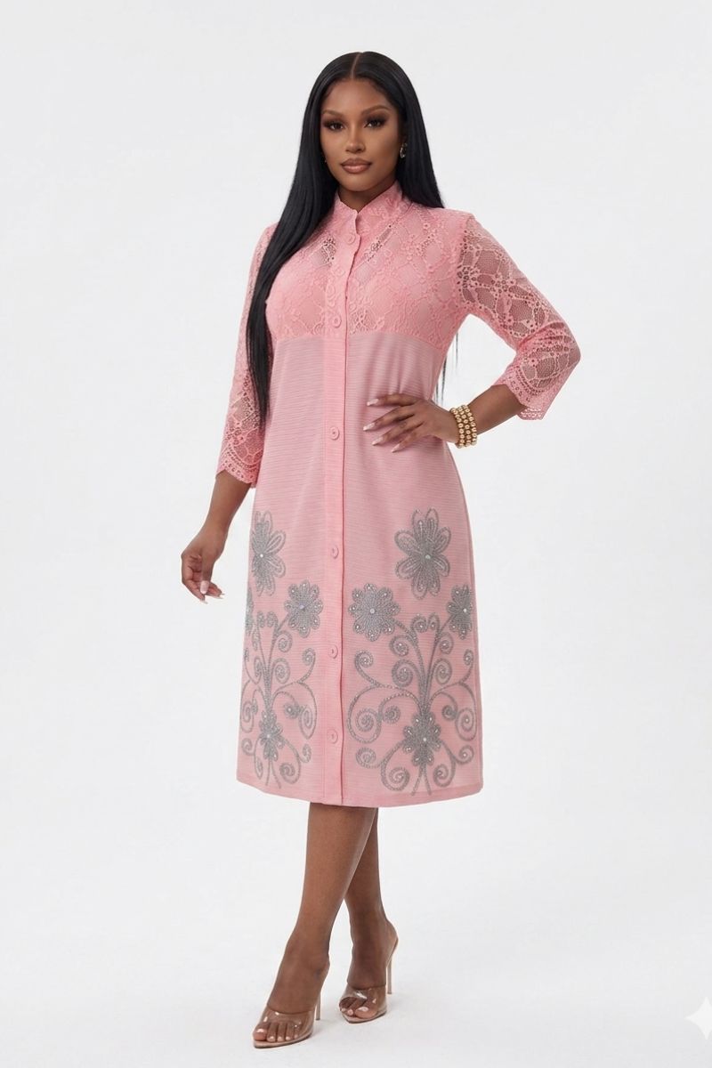 Elegant Pink Lace Embroidered Pleated Midi Dress | Chic & Classy Outfit