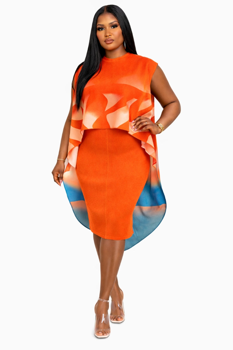 Vibrant Orange Gradient Stretch Dress Asymmetrical Cape Style