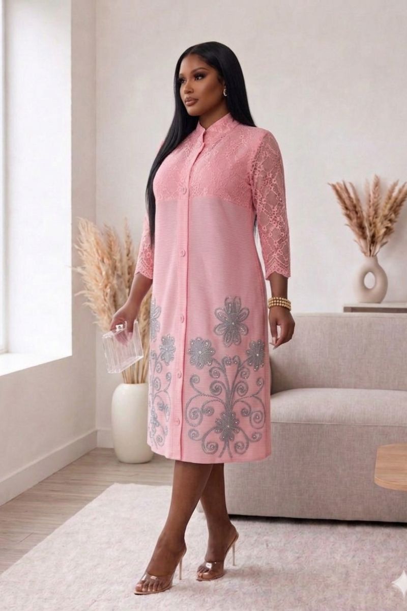 Elegant Pink Lace Embroidered Pleated Midi Dress | Chic & Classy Outfit