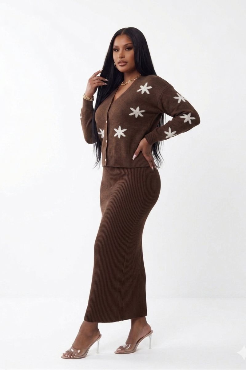 Mocha Blossom Knit Skirt Set