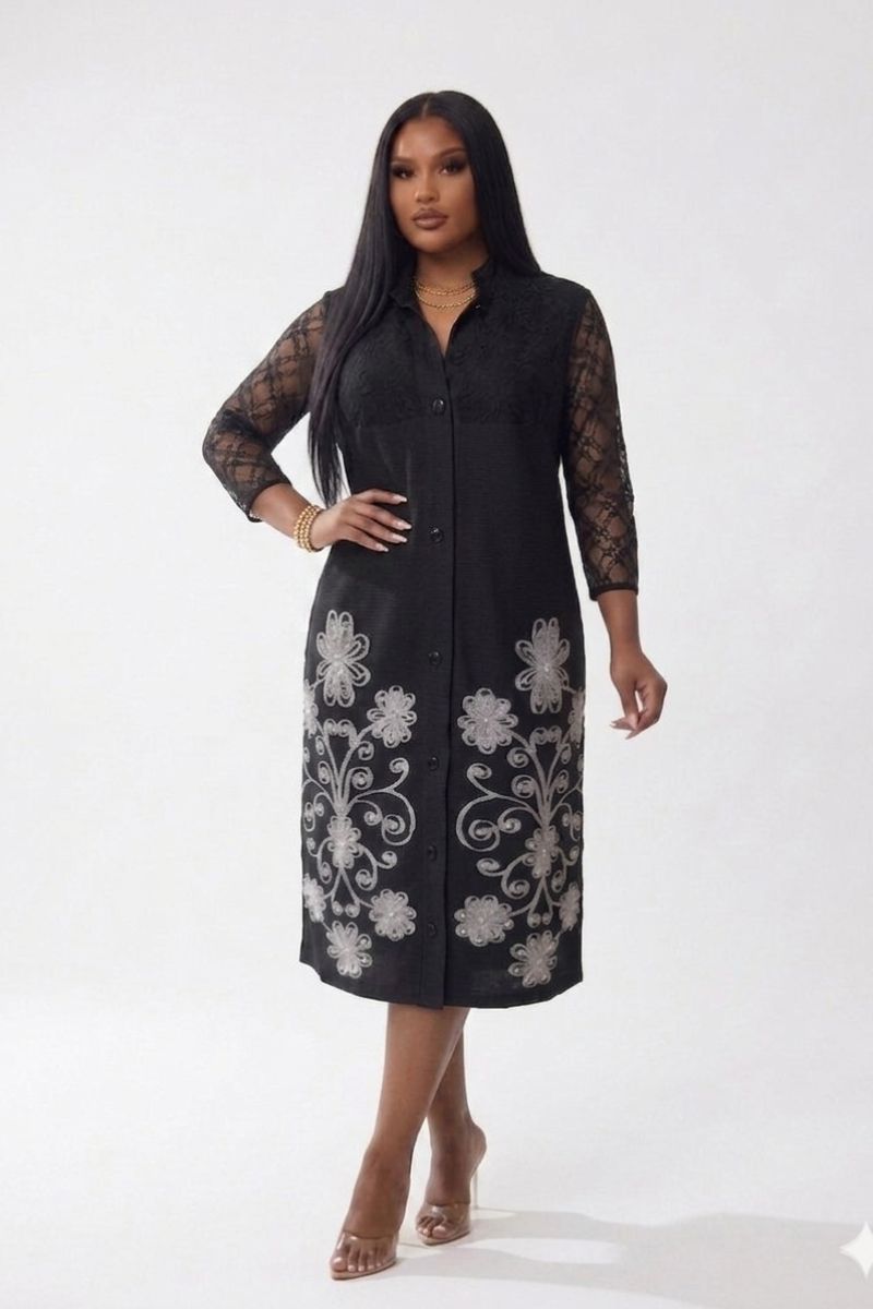 Flirty in Florals Black Sheer Lace Sleeve Dress