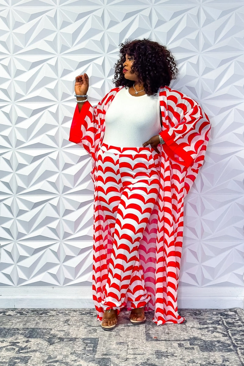 Breezy Red Wave Chiffon Set for Summer Leisure