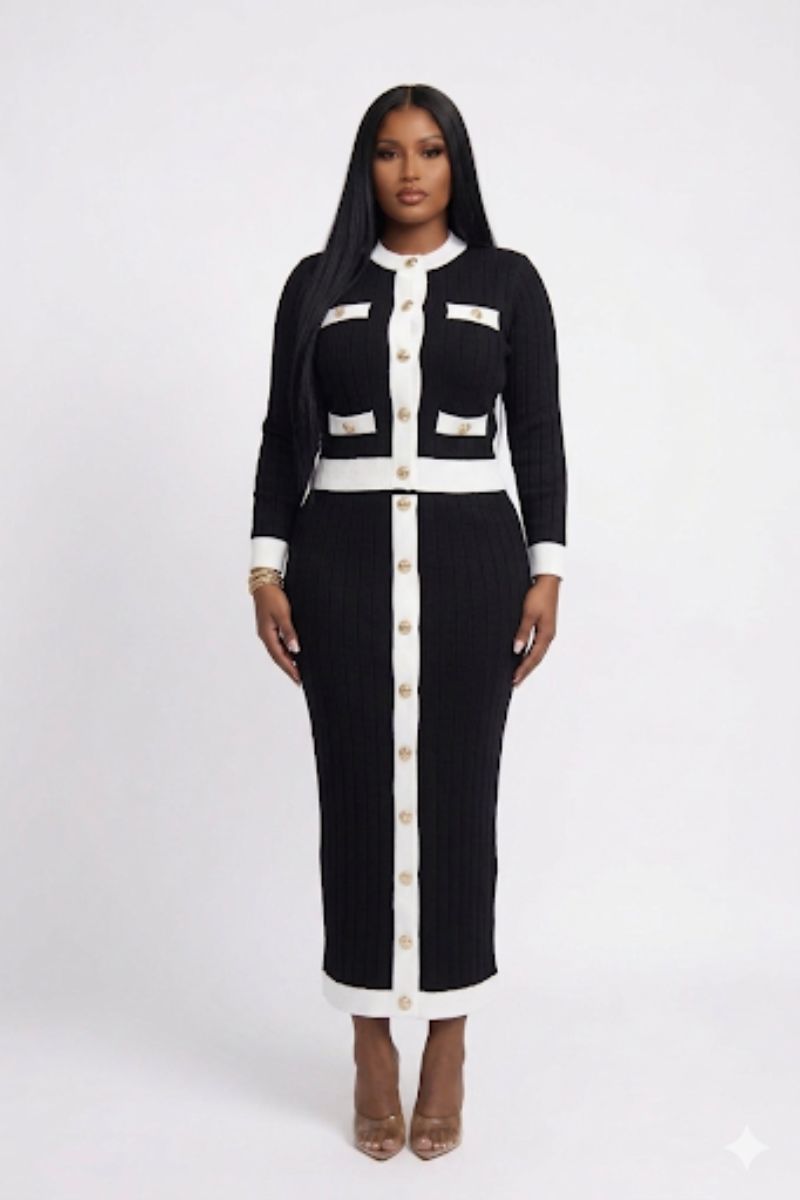 Opulent Shines Black & White Ribbed Knit Skirt Set – Elegant Two Piece Outfit for Women