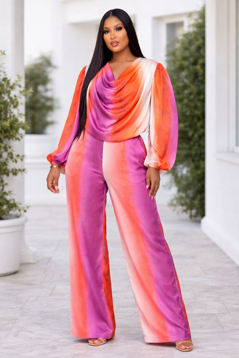 Sunset Glow Satin Cowl-Neck Wide-Leg Set