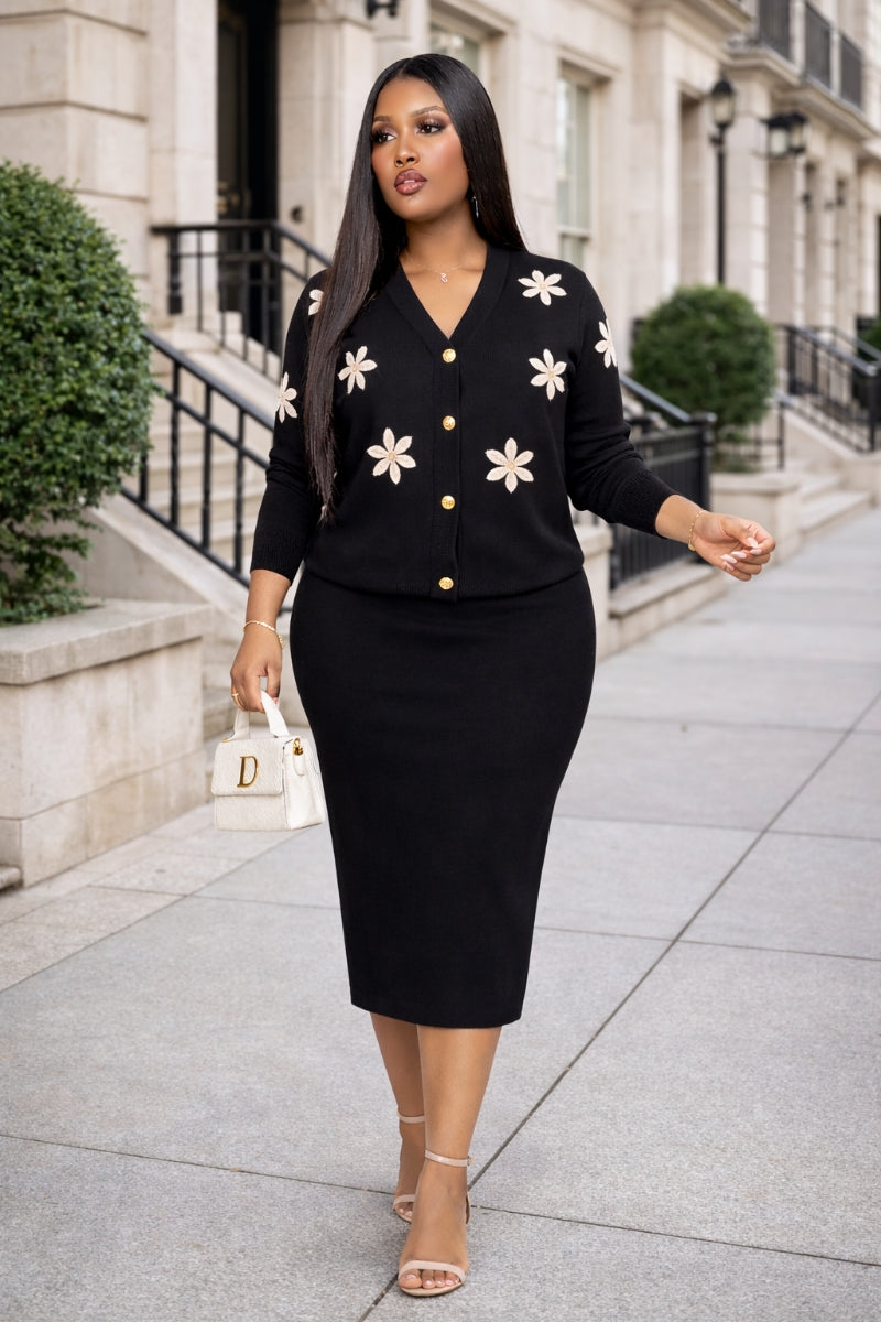Opulent Shines Floral Knit Cardigan & Midi Skirt Set – Elegant Modest Two Piece Outfit