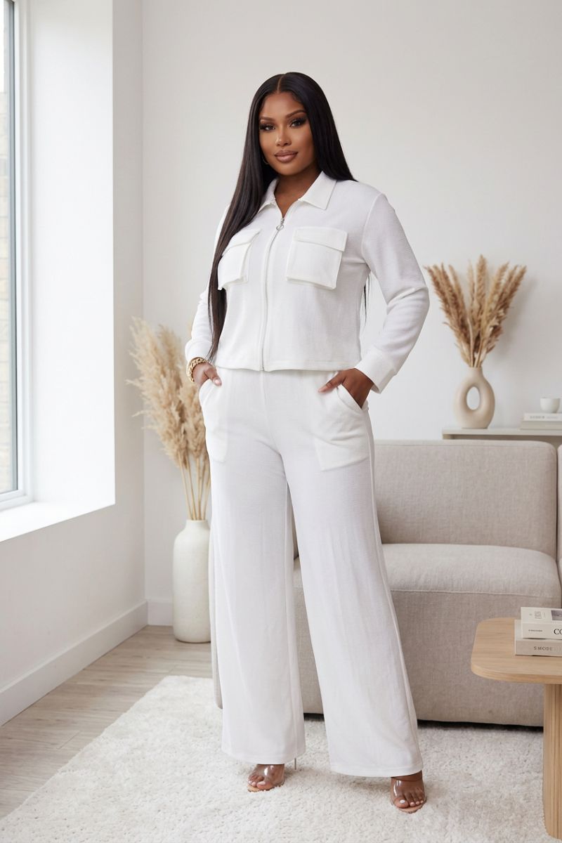 White Zip Crop &
Wide-Leg Pants Set
