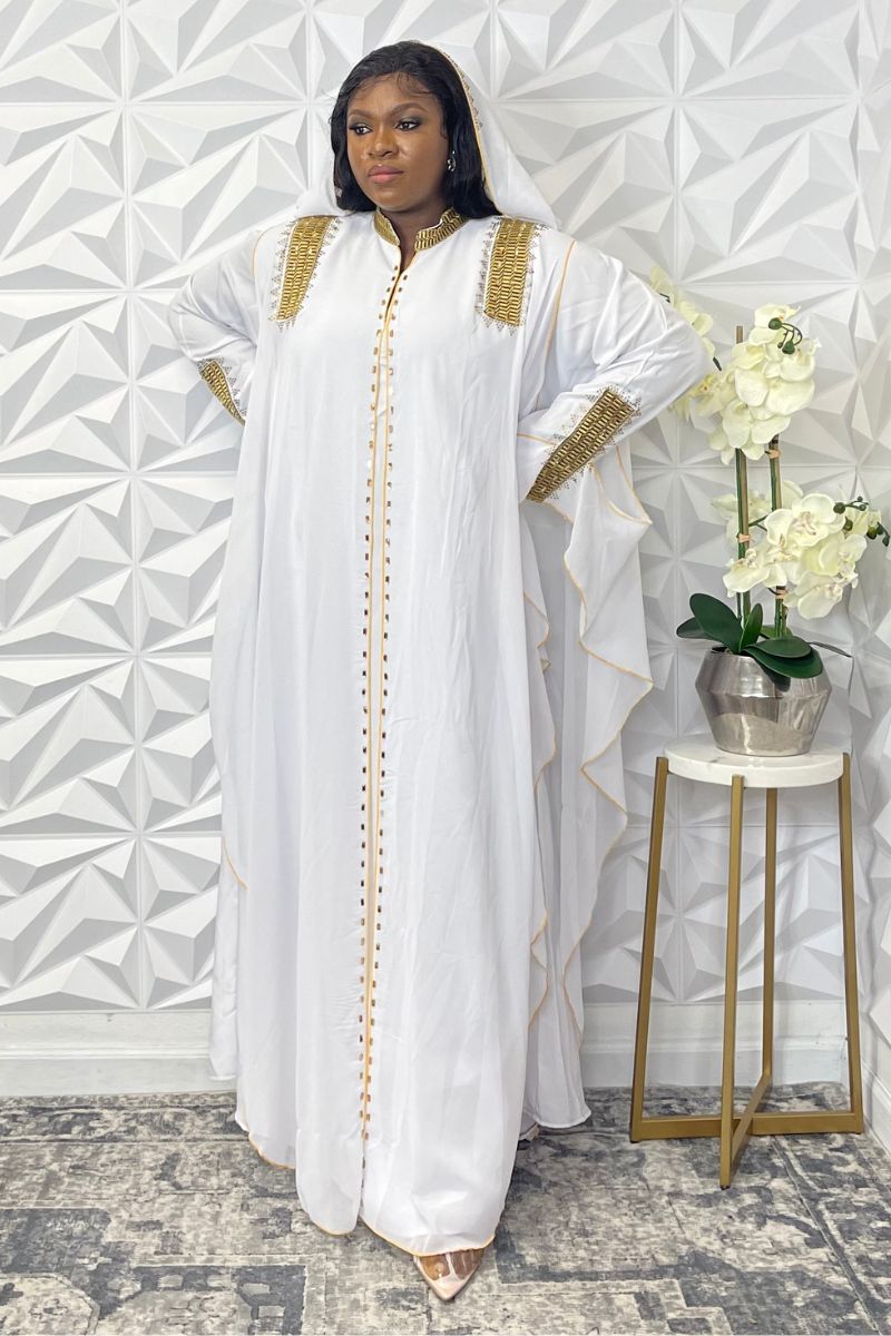 Gold-Embroidered White Abaya with Attached Hat