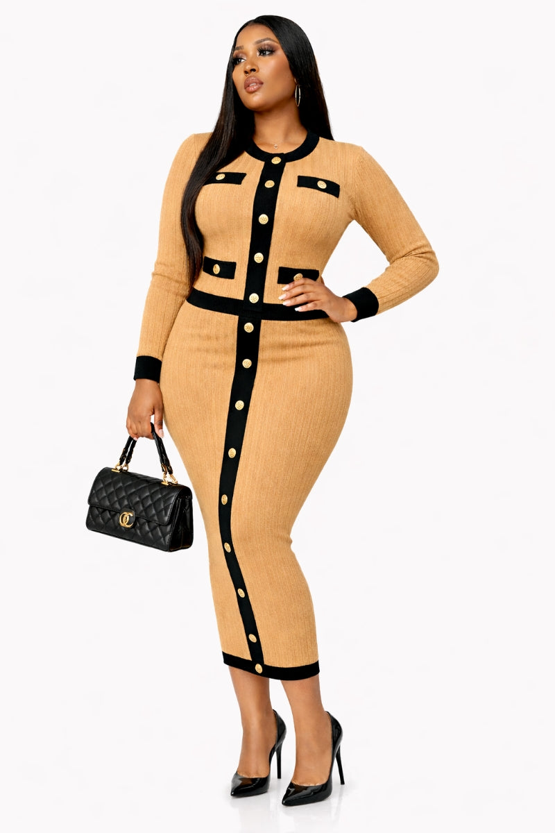 Timeless Grace Khaki & Black Knit Sweater Skirt Set