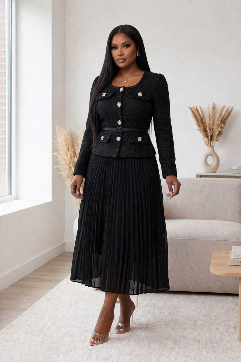 Black Pearl Button
Tweed Pleated Midi Dress