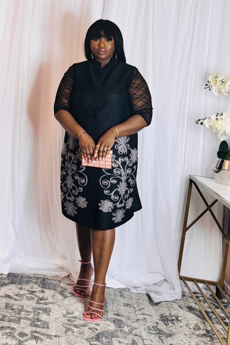 Black lace sleeve short dress with floral embroidery – front view
