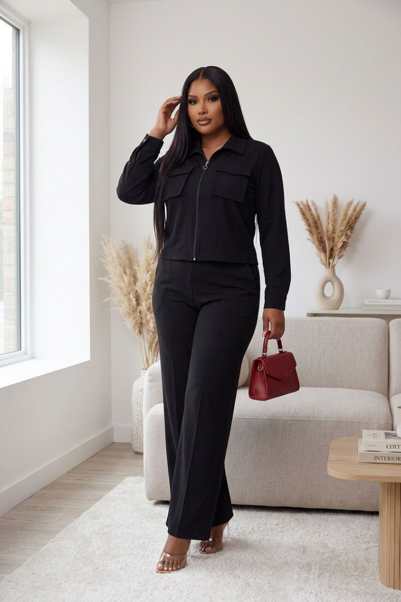 Sleek & Chic Black Zip-Up Wide-Leg Set