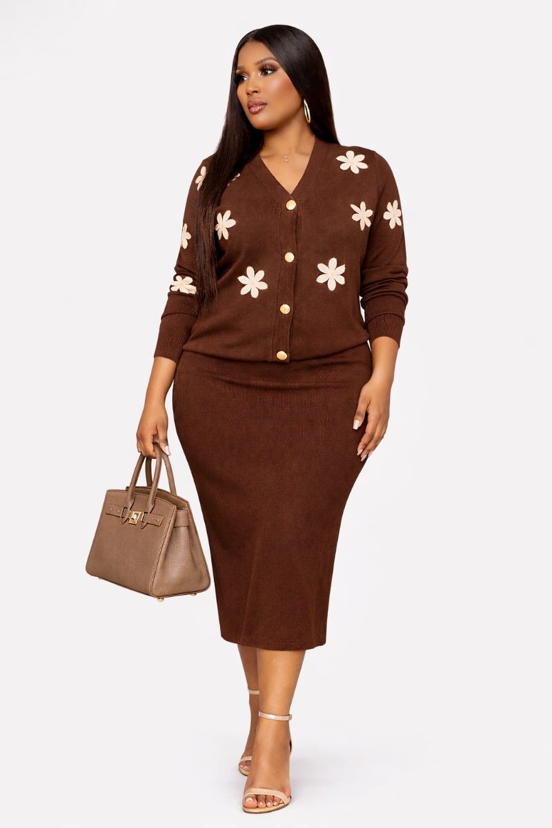 Mocha Blossom Knit Skirt Set