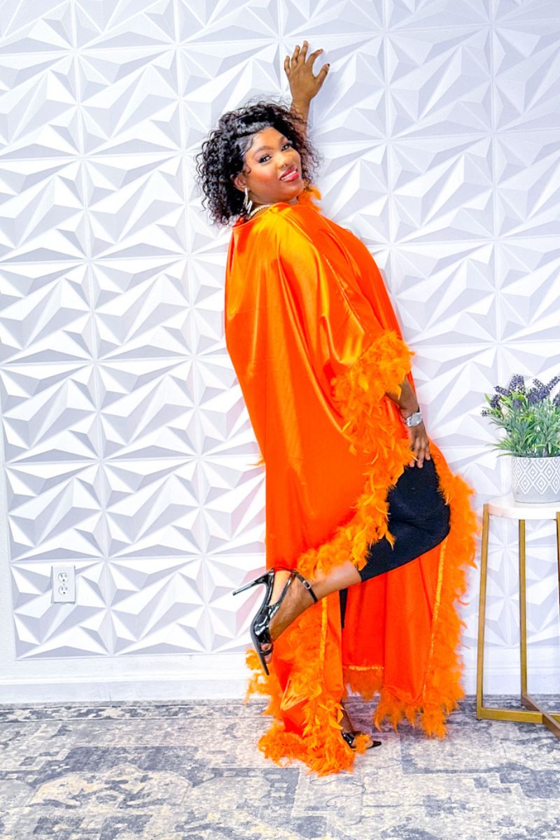 Luxurious Orange Silk Robe with Feather Trim