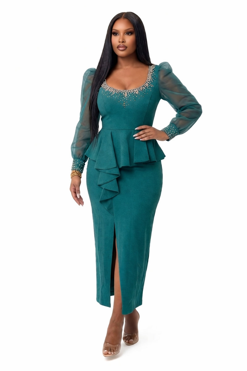 Teal Rhinestone Peplum
Maxi Dress