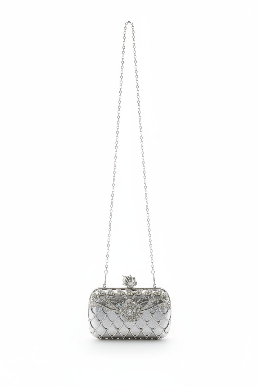 Seraphine Crystal Bloom Clutch — Silver