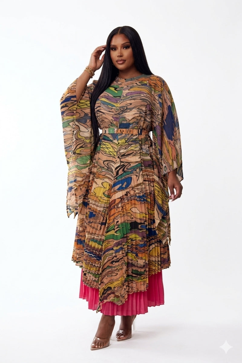 Sunset Flow – Pleated Abstract Print Two-Piece Set