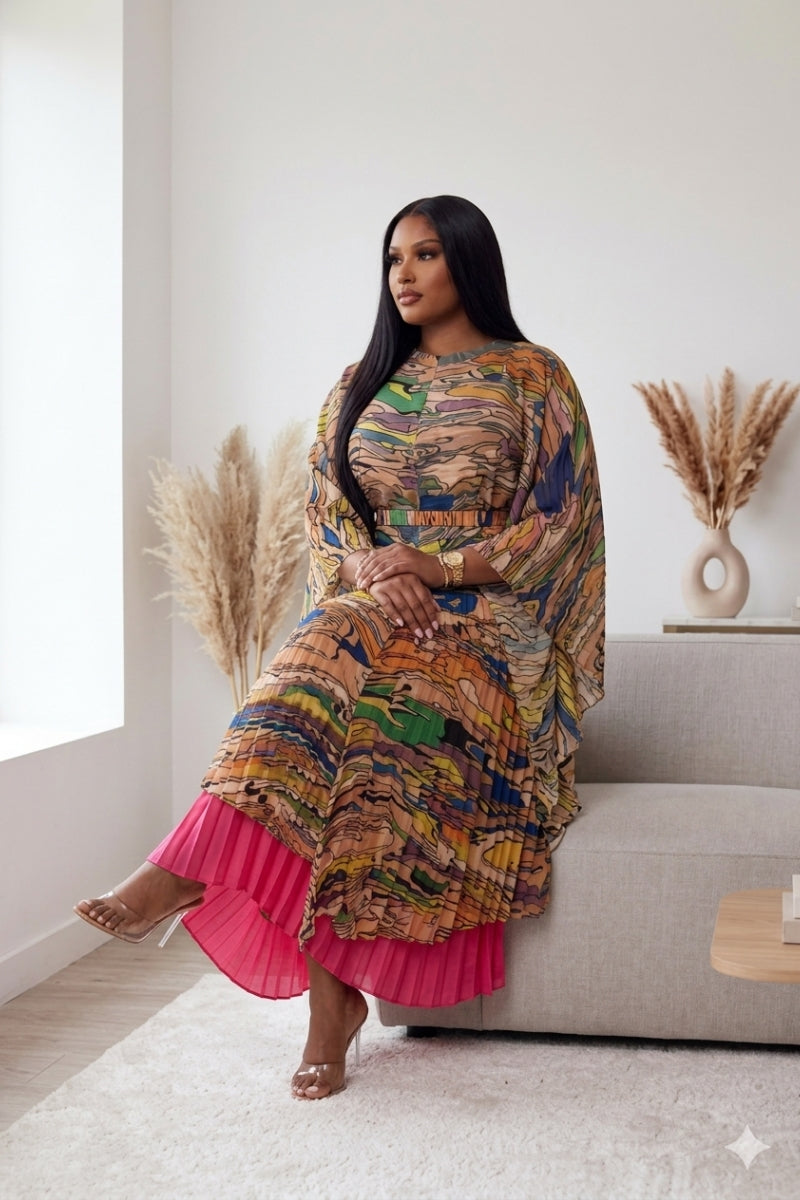 Sunset Flow – Pleated Abstract Print Two-Piece Set