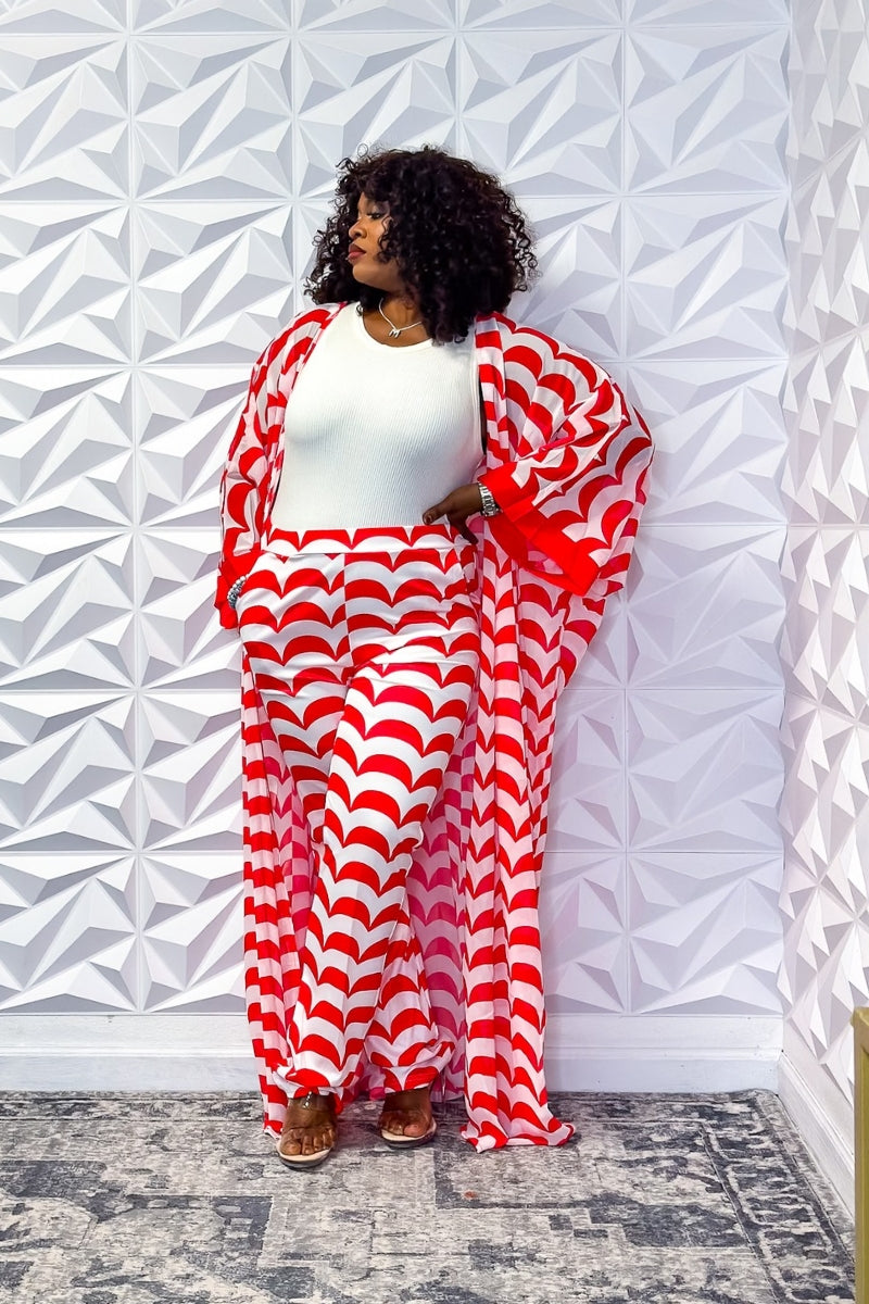 Breezy Red Wave Chiffon Set for Summer Leisure