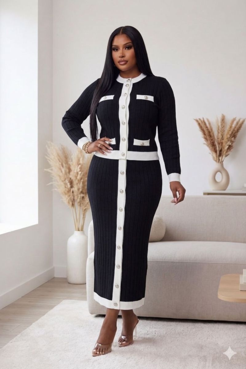 Opulent Shines Black & White Ribbed Knit Skirt Set – Elegant Two Piece Outfit for Women